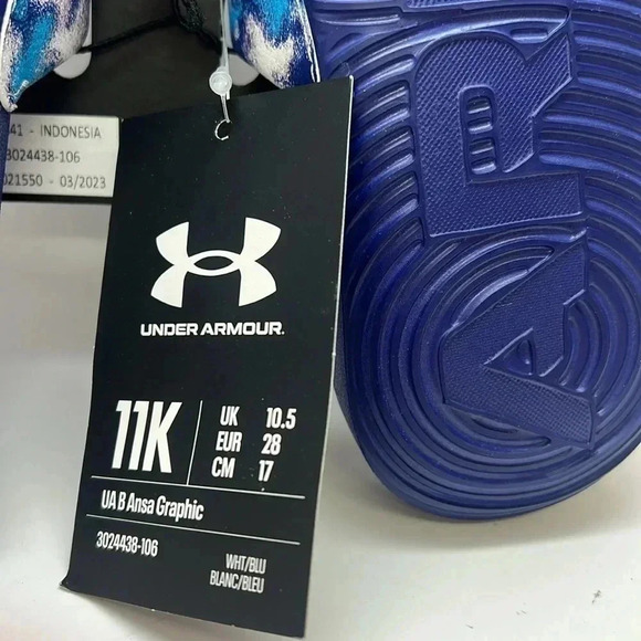 Boys' UA Ansa Graphic Slides White/ Sonar Blue Size 11K New with Tags - Picture 4 of 5